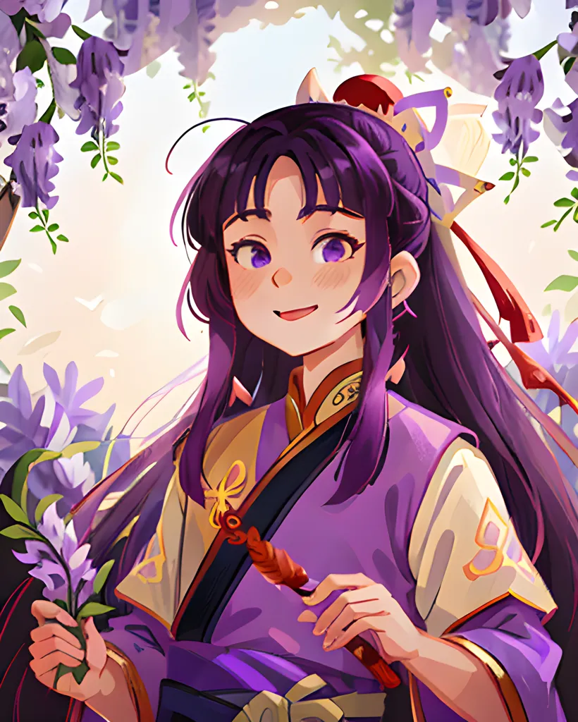 The image is a portrait of a young woman with long purple hair and purple eyes. She is wearing a purple kimono with a white obi and has a red and white hairpin in her hair. She is standing in a garden of purple flowers and is holding a flower in her right hand. The background is a blur of light purple.