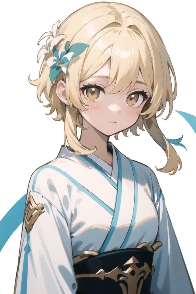 The image shows a young girl with a light yellow hair that fades to white at the tips. She has light yellow eyes and a small beauty mark under her left eye. She is wearing a white kimono with blue and gold accents. The kimono is tied with a dark blue obi. She has a white and blue flower in her hair on the right side of her head.