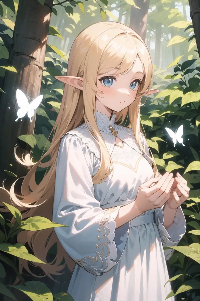 The image is a painting of a beautiful young woman with long, flowing blonde hair and blue eyes. She has pointed ears and is wearing a white dress with a blue sash. She is standing in a forest, surrounded by green leaves and flowers. There are two butterflies near her. The woman is looking at the butterflies with a gentle smile on her face. The painting is done in a realistic style, and the colors are vibrant and lifelike.