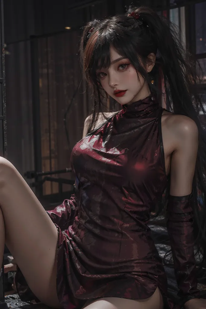 The image shows a woman with long black hair and red eyes. She is wearing a sleeveless red cheongsam with a high collar and a slit at the side. She is also wearing black gloves and has her hair tied up in two ponytails. She is sitting on a bed with her legs crossed and is looking at the viewer with a serious expression.