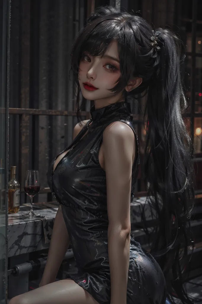 The image is of a beautiful young woman with long black hair and red lips. She is wearing a black cheongsam-style dress with a high collar and a slit at the side. The dress is made of a shiny material that reflects the light. She is sitting on a bar stool, with one hand resting on the bar and the other holding a glass of red wine. There are bottles of wine on the bar behind her. The background is dark and shadowy.