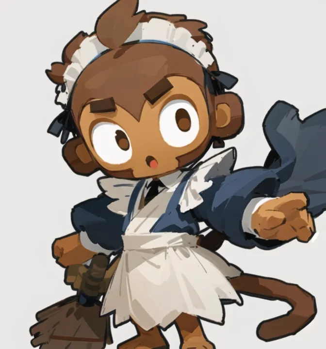 The image is a cartoon monkey wearing a maid outfit. The monkey has brown fur, a white belly, and a brown tail. It is wearing a white headband with a black bow, a blue vest with a white collar, and a white apron. It is also carrying a broom. The monkey has a surprised expression on its face. The background is white.