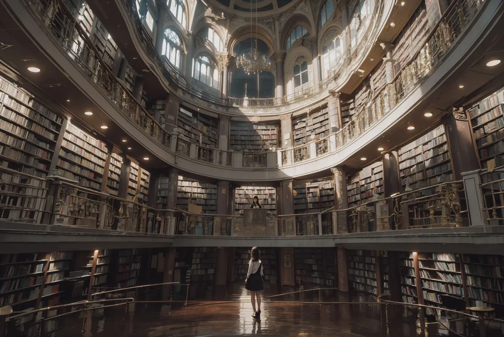 The image shows a large, circular library with a domed ceiling. There are bookshelves all around the walls, and a large chandelier hangs from the center of the dome. A woman in a black dress is standing in the center of the library, looking up at the chandelier. There is a balcony overlooking the library on the second floor and a librarian at a desk on the balcony. The library is lit by a warm, golden light.