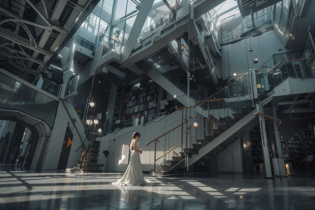 A imagem é uma grande biblioteca moderna. Tem muita luz natural entrando pelas grandes janelas. Há várias pessoas andando e há estantes de livros revestindo as paredes. Há uma escada que leva a um nível de mezanino. A biblioteca é muito moderna e tem muita tecnologia, como computadores e tablets.