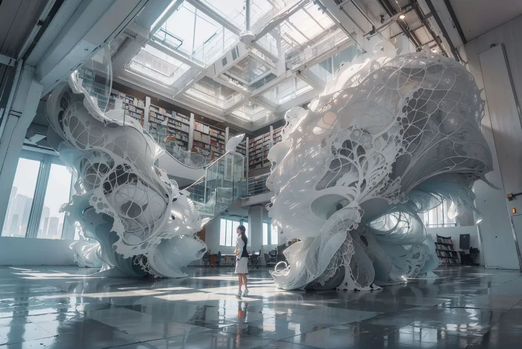 A imagem mostra uma biblioteca moderna com uma grande escultura orgânica, branca e central. A escultura é feita de muitas peças pequenas e interconectadas, com uma aparência fluida e quase líquida. Ela está colocada em frente a uma grande janela, que deixa entrar a luz natural. Há uma menina em pé na frente dela, olhando para a escultura. Também há estantes de livros e áreas de estudo na biblioteca. A biblioteca é muito espaçosa e tem um design moderno e minimalista.