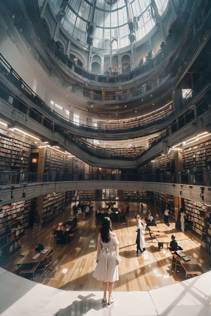 The image is of a large, modern library. It is filled with bookshelves and people. There is a large glass dome in the ceiling that lets in natural light. The floor is made of wood and there are several staircases leading to the different levels of the library. A woman in a white dress is standing in the center of the library, looking up at the dome.