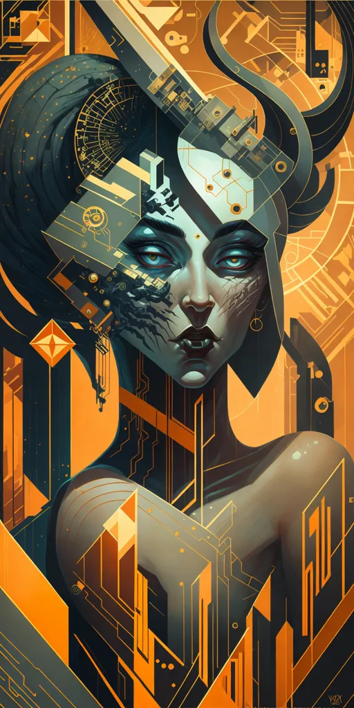 This is an image of a woman with dark hair who appears to be a cyborg. Half of her face is covered by a metallic mask with glowing blue eyes. She is wearing a black and yellow outfit with a lot of metallic and geometric details. She is standing in front of a yellow background with a lot of geometric shapes and lines.