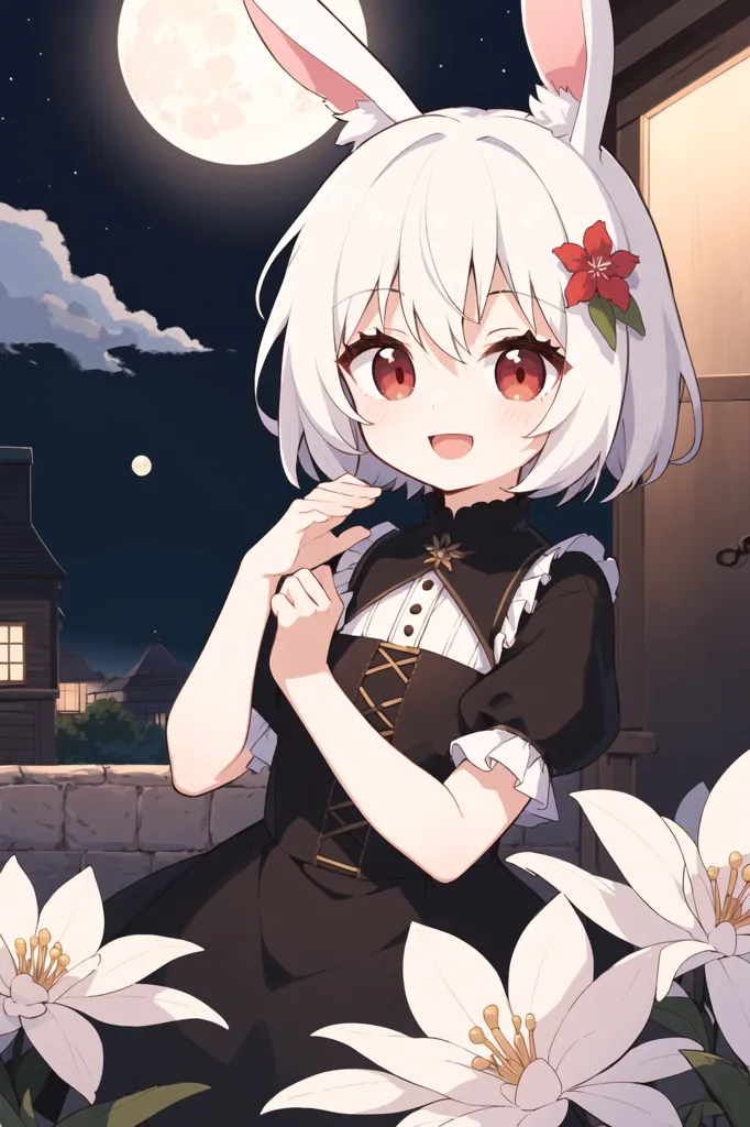 The image is of a young girl with white hair and rabbit ears. She is wearing a black and white dress with a red flower in her hair. She is standing in a garden of white flowers, and there is a full moon in the background. The girl is smiling and has her hands clasped together in front of her.