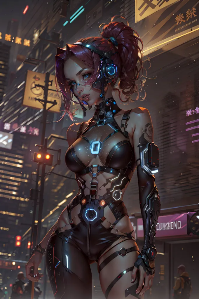 This is an image of a woman standing in a dark city. She is wearing a black bodysuit with a lot of straps and buckles. She also has a lot of cybernetic enhancements, including a glowing blue eye, a metal arm, and a cybernetic leg. Her hair is pink and she has a cat-like tail. There are also buildings in the background.