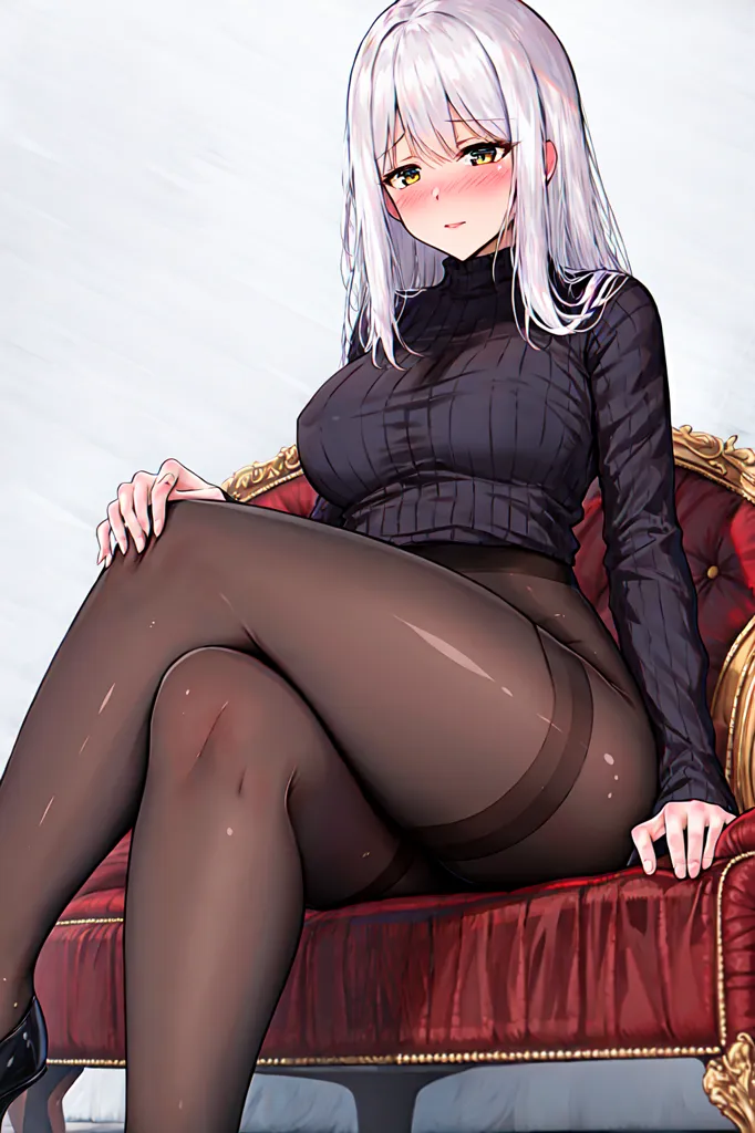 The image depicts a young woman with white hair and yellow eyes. She is sitting in a red velvet chair, with her legs crossed and her hands resting on her thighs. She is wearing a black turtleneck sweater and black pantyhose. The sweater is tight-fitting, and it accentuates her curves. The pantyhose are sheer, and they reveal the shape of her legs. She is also wearing black high heels. The woman has a shy expression on her face, and she is looking at the viewer with her head tilted down.