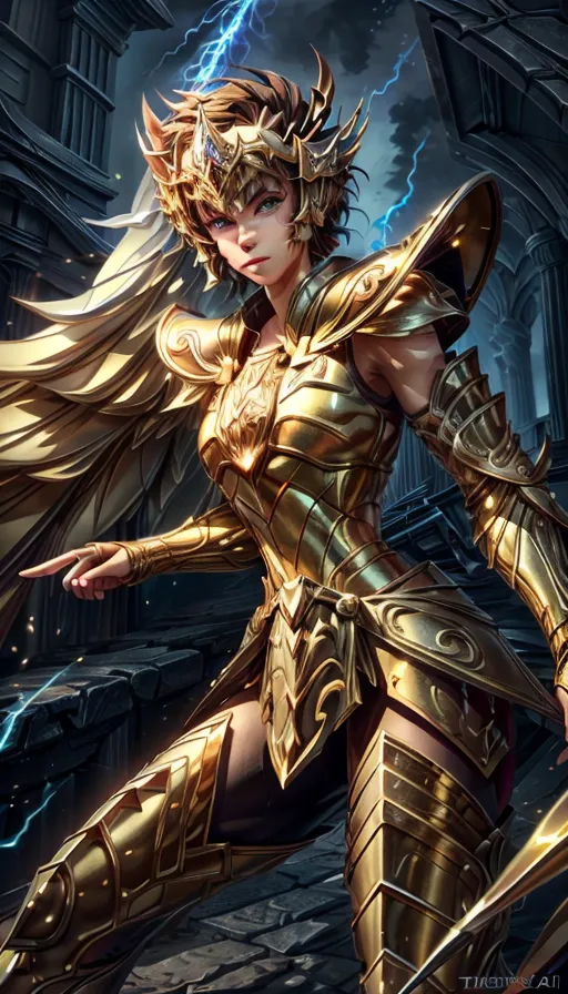 The image shows a female warrior in a golden armor. She has long blond hair and green eyes. She is standing in a fighting stance, with her right hand pointing forward and her left hand holding a sword. She is wearing a golden helmet with a lion's head on the front. The background is a dark temple with lightning bolts in the distance.