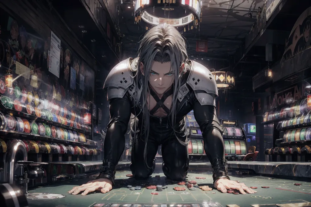 The image shows a man with long silver hair and blue eyes. He is wearing a black leather outfit and has a sword on his back. He is kneeling on a table in a dark room. The room is full of slot machines and other gambling devices. The man has a determined look on his face, he seems to be ready to fight.