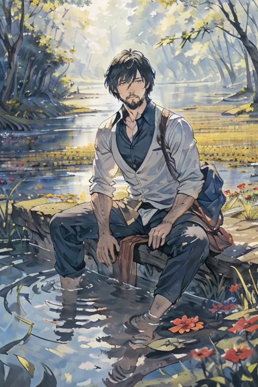 This is an image of a man sitting on a rock in the middle of a river. He has his feet in the water and is wearing a white shirt, blue pants, and a brown bag over his shoulder. He has a beard and long brown hair. The background is a forest with green trees and flowers. The sun is shining through the trees.