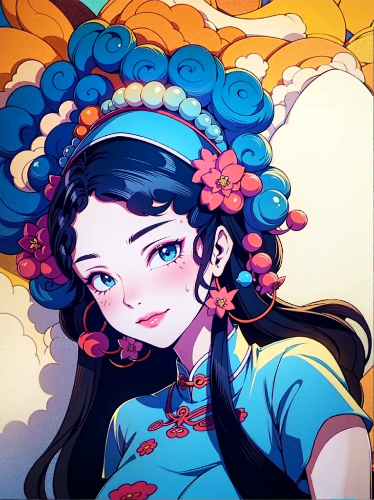 This is a picture of a young woman with long black hair. She is wearing a blue cheongsam with pink and white flowers. She is also wearing a blue and white headdress with pink and white flowers. She has blue eyes and pink blush on her cheeks. There are white clouds in the background.