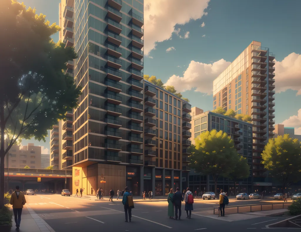 The image shows a wide, tree-lined street in a city. There are several tall buildings on either side of the street, most of which are covered in glass windows. The buildings are mostly residential, with balconies and terraces on many of the floors. The street is busy with people walking, crossing the road, and some cars parked on the side of the road. The sky is blue with some puffy white clouds. The sun is shining brightly, casting shadows from the trees and buildings onto the street.