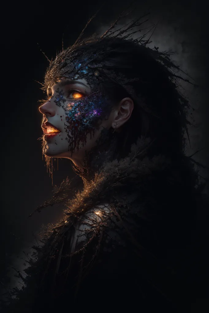 The image is a dark portrait of a woman. She has black hair, pale skin, and glowing yellow eyes. Her face is covered in intricate black and purple markings that resemble tree branches. She is wearing a dark dress with a high collar. The background is dark and shadowy.