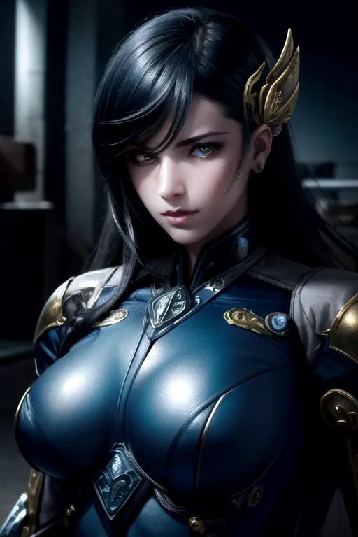 The image is a digital painting of a young woman with long black hair and blue eyes. She is wearing a blue and gold bodysuit with a high collar and a golden wing-shaped accessory on her right ear. The woman is standing in a dark room with a blurred background. She is looking at the viewer with a serious expression.