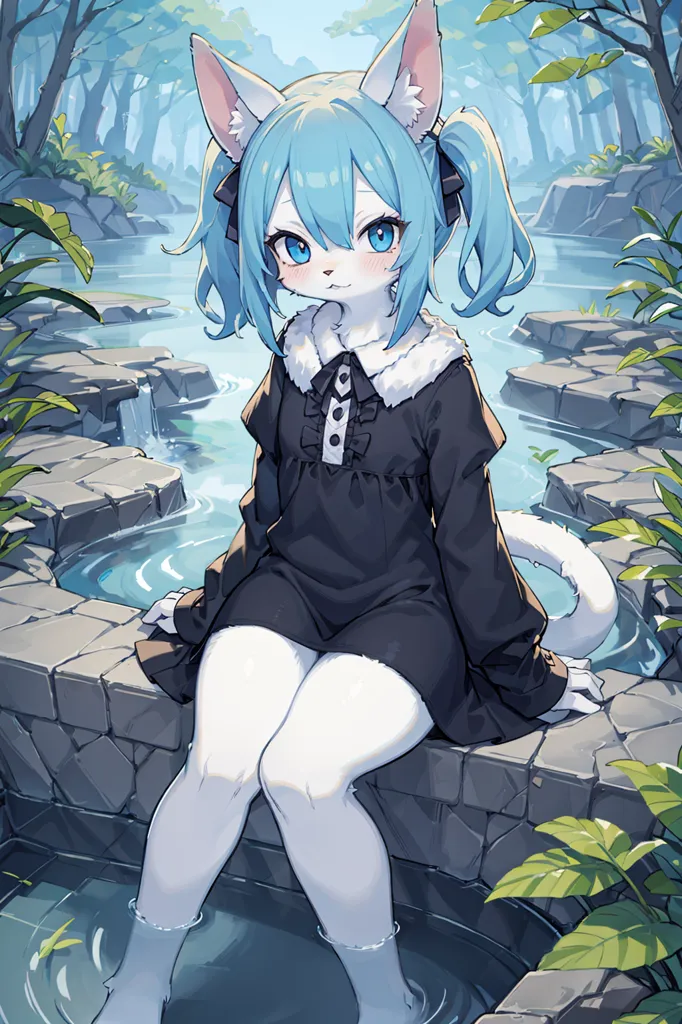 The image is of a catgirl with blue hair and blue eyes. She is wearing a black dress with a white collar and white sleeves. She is sitting on a stone wall in a forest. There is a small waterfall in the background. The catgirl is looking at the viewer with a smile on her face.