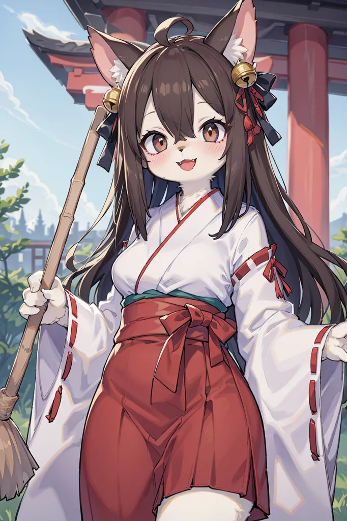 The image is of a young woman with long brown hair and cat ears. She is wearing a traditional Japanese kimono with a red and white sash. She is also carrying a broom. The background is a Japanese shrine.