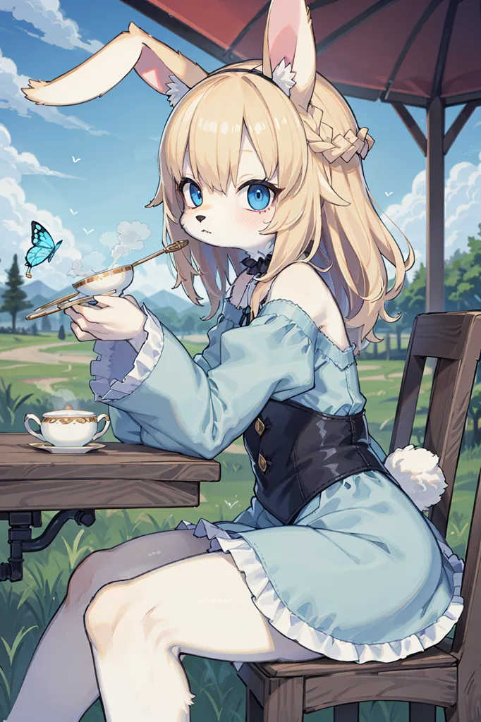 The image is of a blonde anime girl with rabbit ears. She is wearing a blue and white dress with a black corset. She is sitting at a table in a field, drinking tea. There is a butterfly on her finger. The background is a meadow with trees and a blue sky.