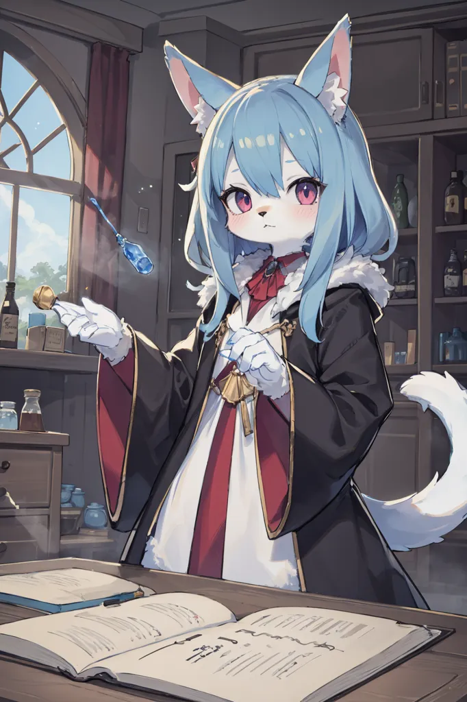 The image is of a catgirl in a fantasy setting. She has blue hair and eyes, and is wearing a white and red dress with a black cape. She is standing in a room with a wooden table and shelves lined with books and potions. She is holding a small blue vial in her right hand and looking at it intently.