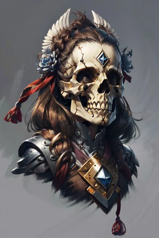 The image is a portrait of a female skull with long brown hair. She is wearing a red and white headband with blue flowers on the left side. She is also wearing a breastplate with a blue diamond in the center. The breastplate has brown shoulder pads. The background is grey and there is a dark grey vignette around the edges of the image.