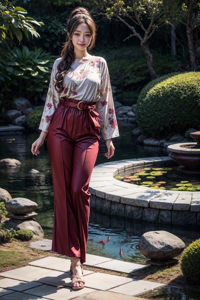 The image shows a young woman standing on a stone path in a garden. She is wearing a white blouse with pink and purple floral designs, dark red leather pants, and brown leather sandals. The woman has long brown hair and light makeup on. She is standing in front of a pond with green lily pads and red fish. There are trees and bushes in the background.