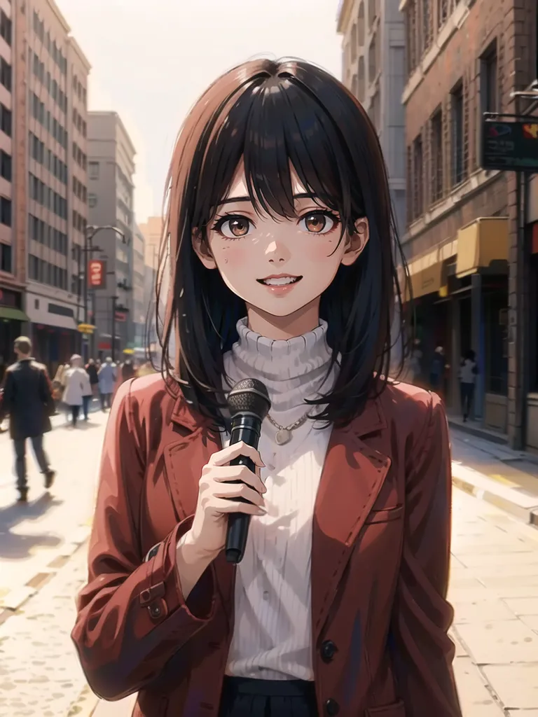 The image shows an anime-style girl with long dark brown hair, brown eyes, and a friendly smile. She is wearing a white turtleneck blouse and a red blazer. She is holding a microphone in her right hand. The background is a busy city street with people walking around. The girl is standing on the sidewalk, talking into the microphone.