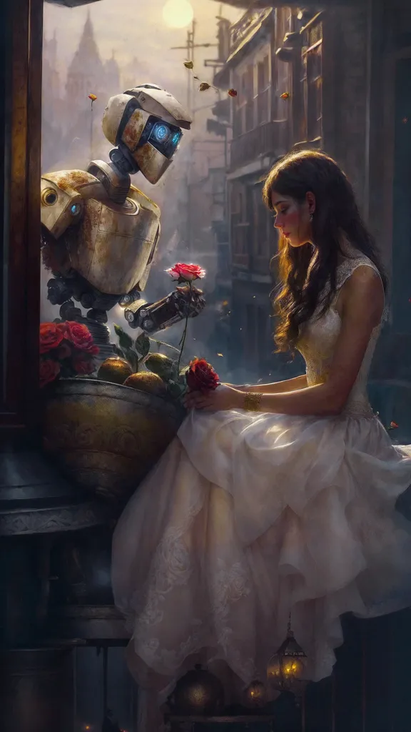 The image is a painting of a robot and a woman. The robot is kneeling on one knee and is offering the woman a rose. The woman is looking at the rose with a sad expression on her face. She is wearing a white dress and has long brown hair. The robot is made of metal and has a white rose on its chest. The background of the painting is a city with tall buildings and a river running through it.