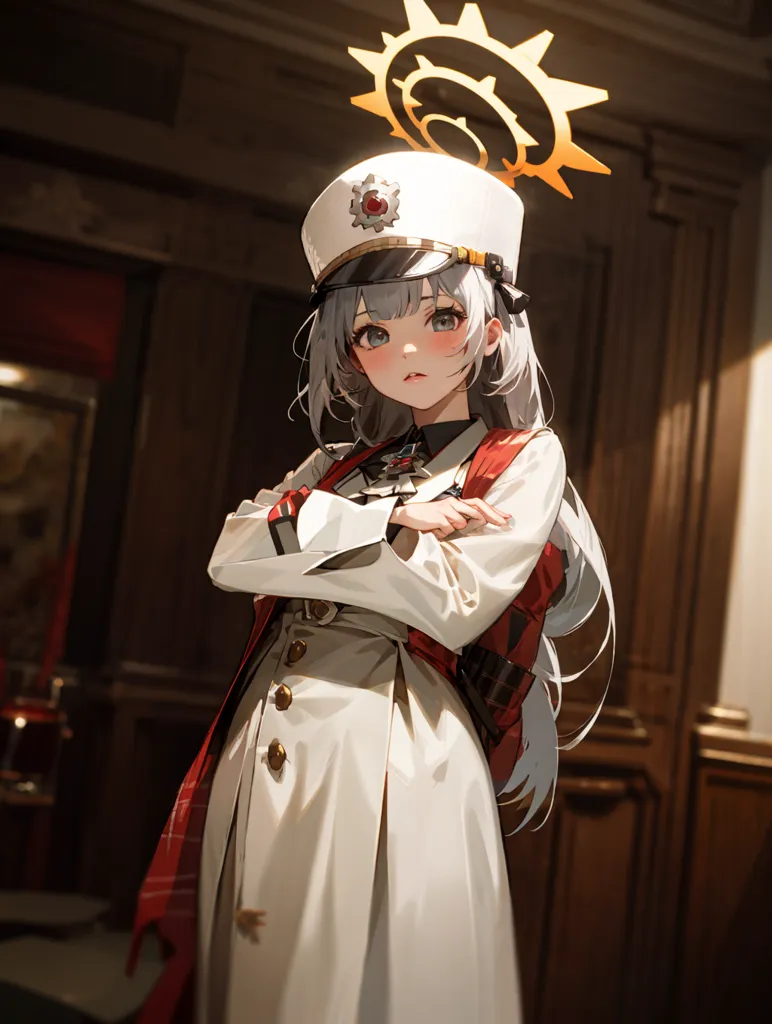 The image shows a young girl with long white hair and red eyes. She is wearing a white military-style coat with a red sash and a white hat with a red gem in the center. She has a serious expression on her face and is standing with her arms crossed. She is standing in a dark room with a wooden door behind her.