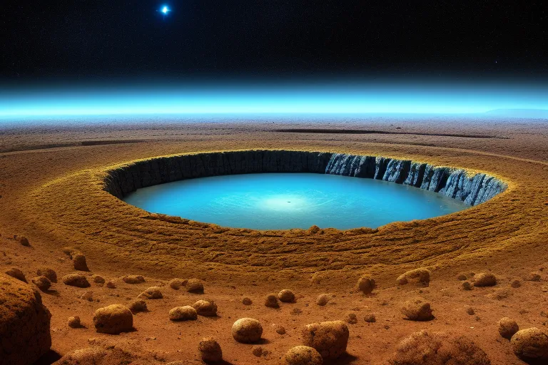 The image shows a large crater on the surface of a Mars-like planet. The crater is filled with a blue liquid, and there are rocks and boulders scattered around the rim. The planet's surface is covered in red dust, and there is a thin atmosphere of blue gas. A large white star can be seen in the distance.