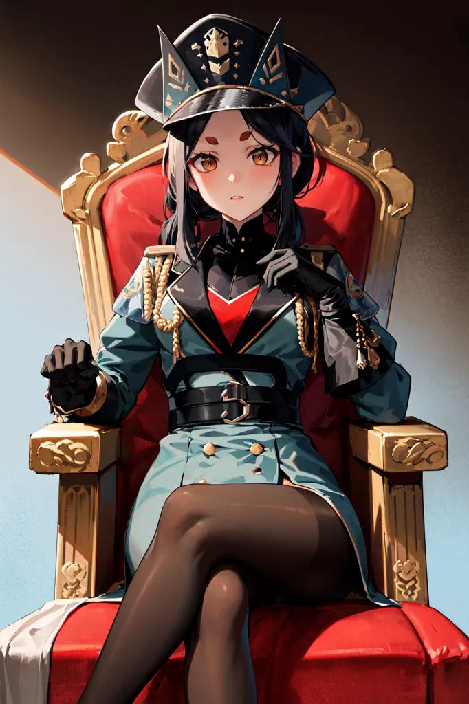 The image depicts an anime-style girl with long black hair and orange eyes. She is wearing a black military hat with a gold brim and a red military uniform with gold epaulettes and a black belt with a gold buckle. She is sitting in a red velvet throne with her legs crossed and is looking at the viewer with a serious expression.