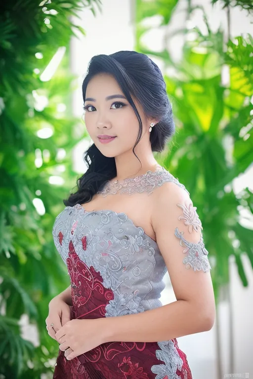 The image shows a young woman with long black hair and dark eyes. She is wearing a beautiful dress with a sweetheart neckline and a fitted bodice. The dress is embellished with intricate beading and lace. Her hair is pulled back in a loose bun and she is wearing a pair of diamond earrings. She is standing in front of a lush green background. The woman is smiling and looking at the camera. She is very beautiful and looks like a princess.