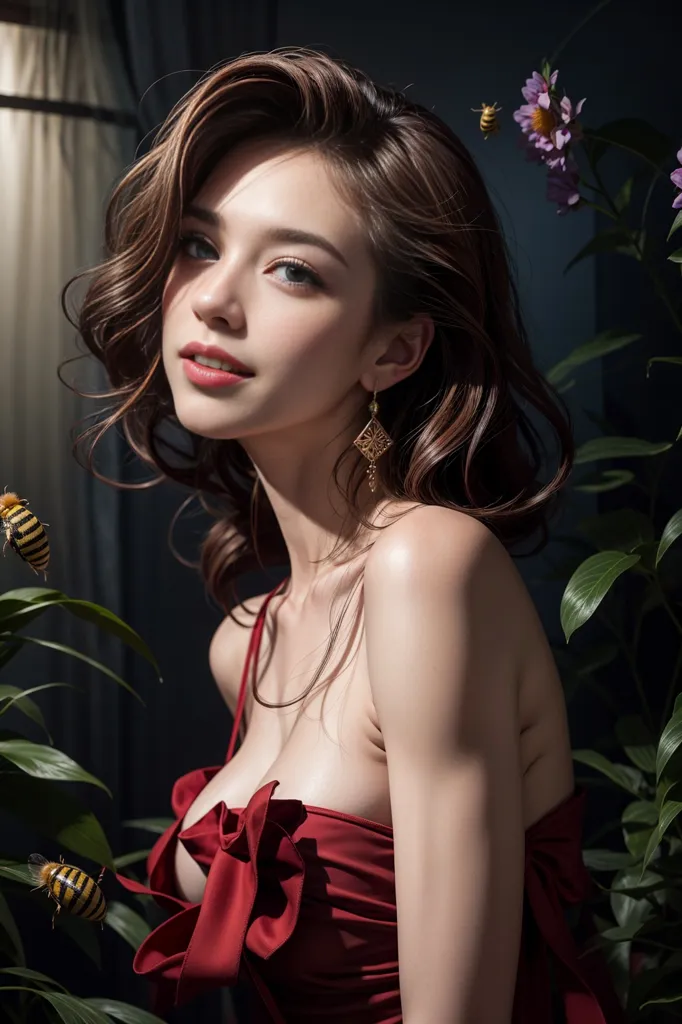 The picture shows a beautiful young woman with long brown hair and green eyes. She is wearing a red dress with a sweetheart neckline and a bow at the bust. There are some bees flying around her. She is standing in front of a dark background with some green leaves.