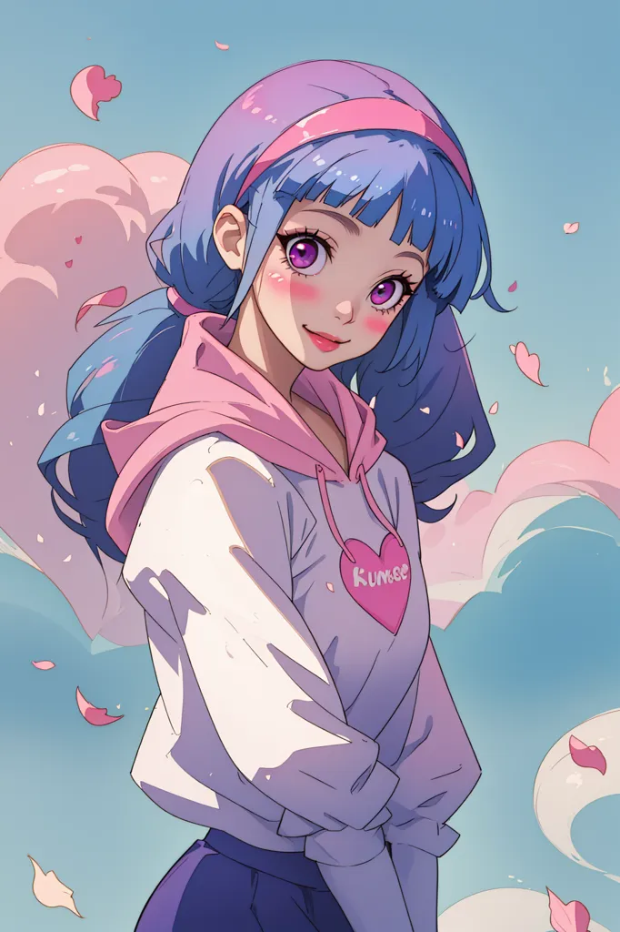 La imagen es una pintura digital de una niña joven con el cabello azul y los ojos rosados. Lleva una sudadera blanca con un corazón rosa y una falda morada. La niña está de pie frente a un fondo azul con nubes rosas y pétalos de cerezo cayendo a su alrededor. La imagen está dibujada en un estilo suave y anime, y la niña tiene una sonrisa tímida en su rostro.