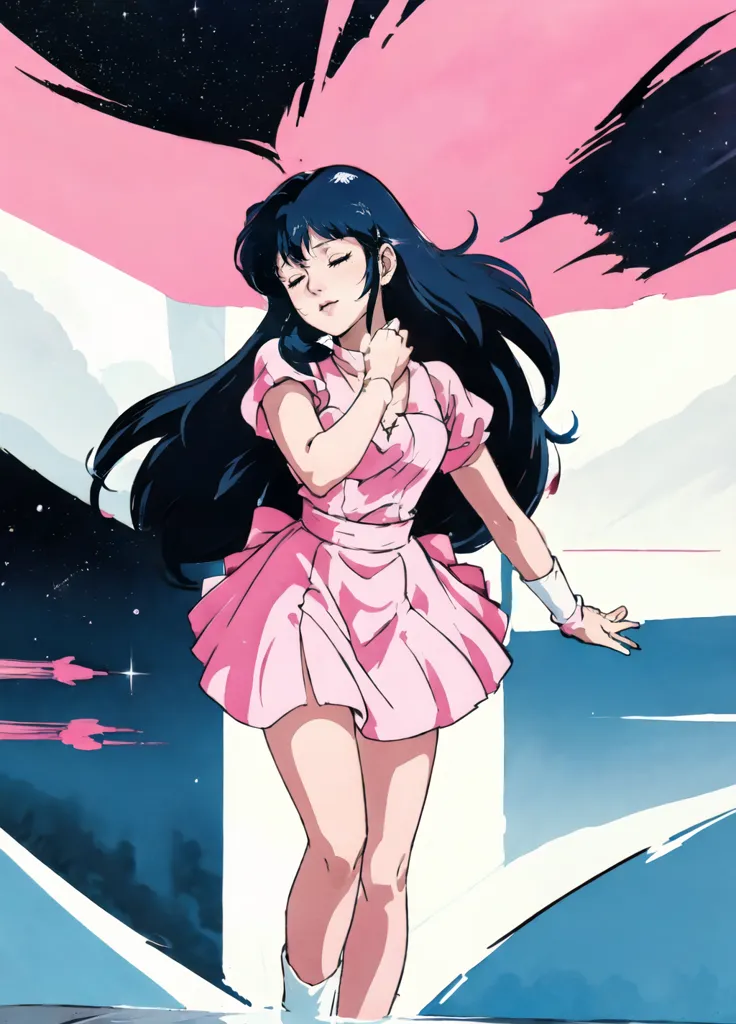 This is an illustration of a young woman with long black hair. She is wearing a white leotard and a pink skirt. She is standing in front of a blue background with a white line in the middle. She has her eyes closed and is holding her hand to her chest.