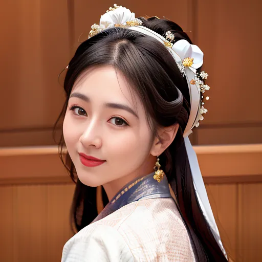 A imagem mostra uma jovem mulher com cabelos pretos longos. Ela está usando um penteado tradicional chinês com uma faixa branca decorada com flores. A mulher está vestindo um vestido branco com uma faixa rosa e tem um sorriso suave no rosto. Ela está em pé diante de uma porta de madeira com um fundo marrom.