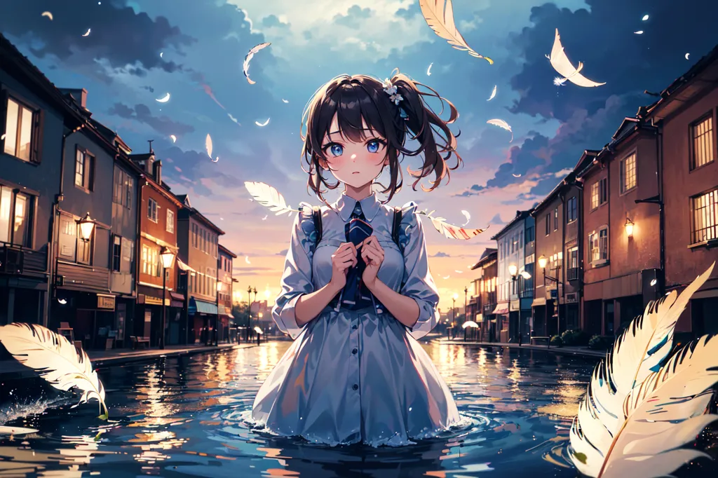 The image is of an anime girl with brown hair and blue eyes. She is wearing a white dress and is standing in a flooded street. The water is up to her waist. The girl is looking at the viewer with a sad expression on her face. There are buildings on either side of the street and a few feathers are floating in the air. The sky is cloudy and there is a hint of light in the horizon.