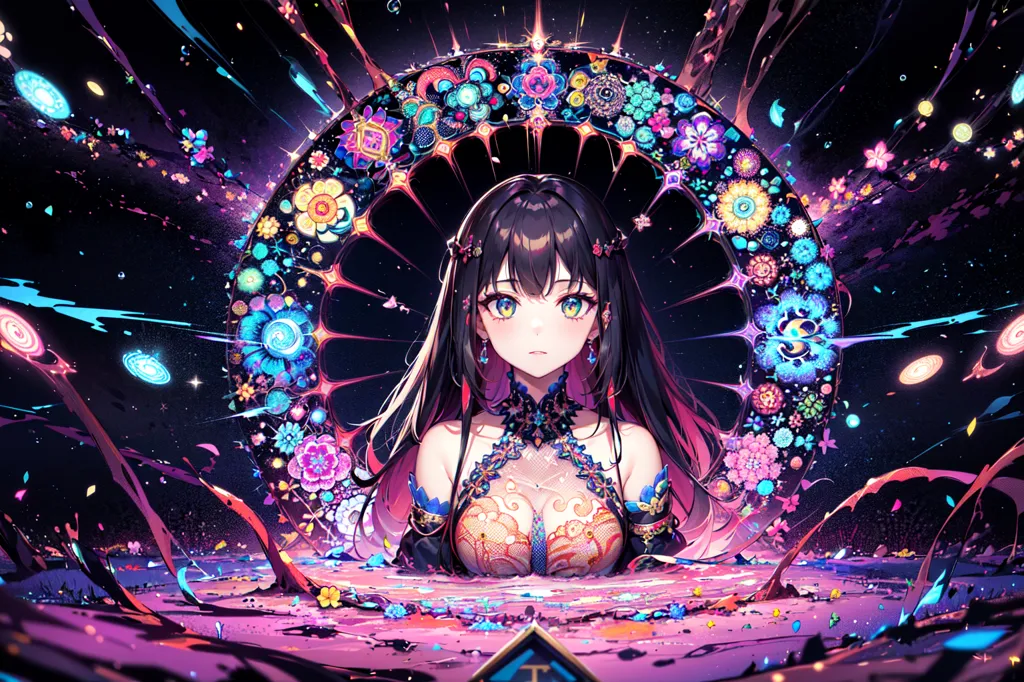 The image is of an anime girl with long black hair and yellow eyes. She is wearing a black and red cheongsam-style dress with a high collar and a long slit on one leg. She is standing in a pool of pink liquid, and there is a large, ornate wheel behind her with bright colors and patterns. The background is dark with bright, colorful lights.