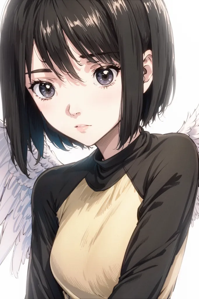 The image shows a young girl with short black hair and purple eyes. She is wearing a black turtleneck blouse with yellow stripes on the sleeves. She has a pair of white feathered wings. She is looking at the viewer with a serious expression.