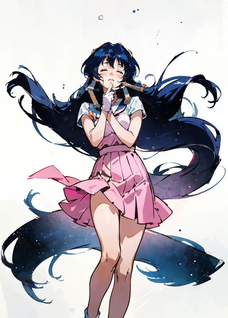 This is an illustration of a young woman with long blue hair, wearing a white shirt, pink skirt, and blue boots. She has a gentle smile on her face and is holding her hands together in front of her chest. There is a starry night sky in the background.