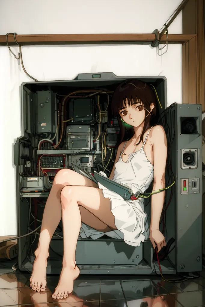 The image is of a young woman sitting in an open computer case. She is wearing a white dress and is barefoot. The case is filled with wires and electronic components. The woman is looking at a book and has a thoughtful expression on her face. The image is drawn in a realistic style and the colors are muted.