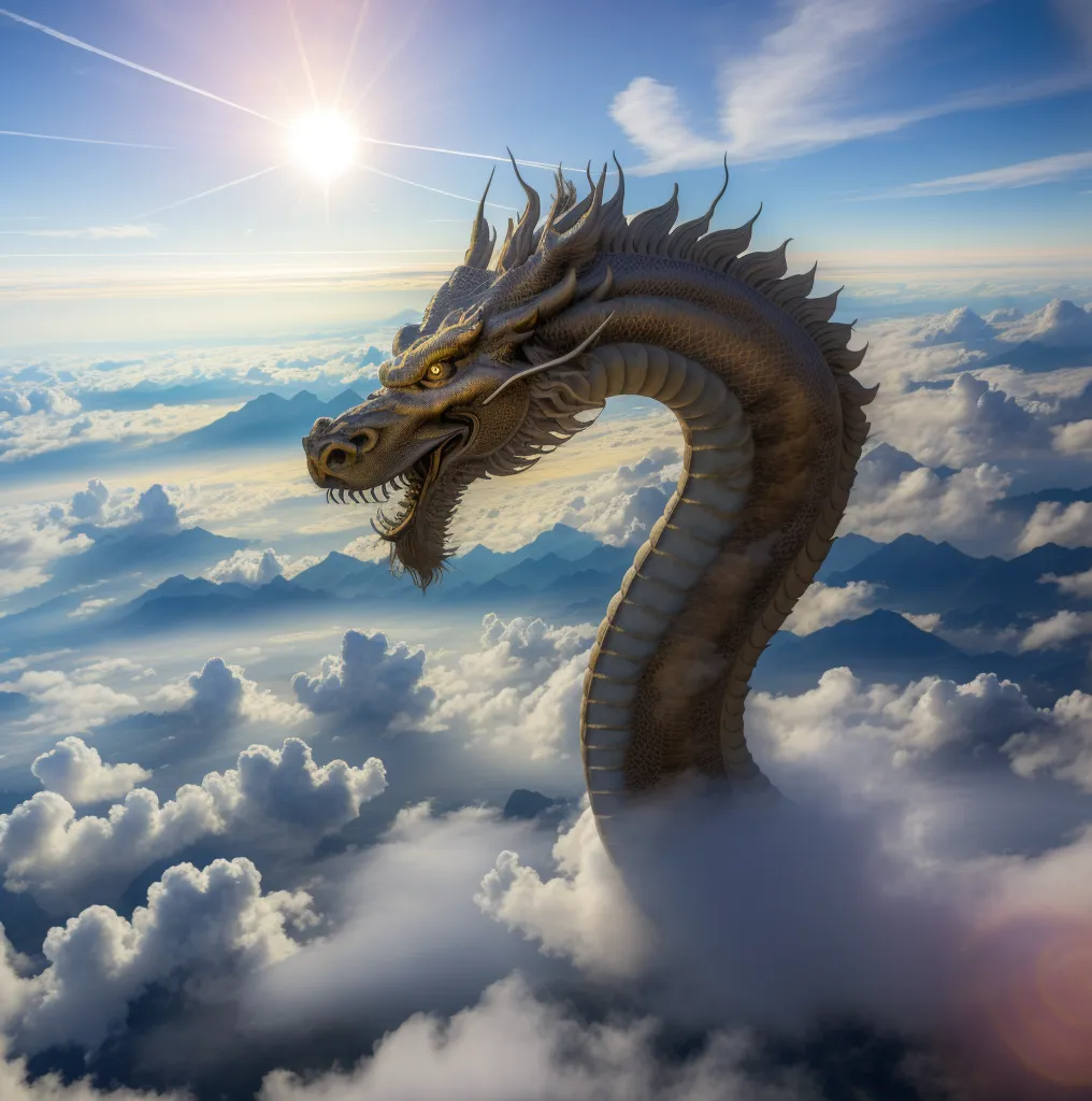 The image is a depiction of a golden dragon flying in the sky above the clouds. The dragon has a long, serpentine body with a mane of flowing hair. Its scales are golden and its eyes are yellow. The dragon is flying towards the left of the image and its head is turned to the right. The background of the image is a blue sky filled with white clouds. The sun is shining brightly in the upper right corner of the image.