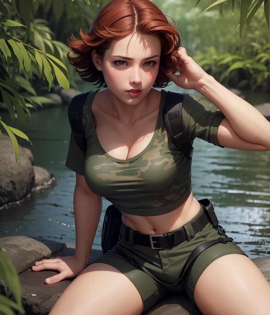 The image shows a young woman dressed in a camouflage crop top and green shorts. She is sitting on a rock in a river, with her right hand resting on her thigh and her left hand in the water. She has short red hair and green eyes, and she is looking at the camera with a serious expression. She is wearing a backpack and a utility belt, and she has a gun holster on her right hip. The background of the image is a jungle, with green trees and plants.