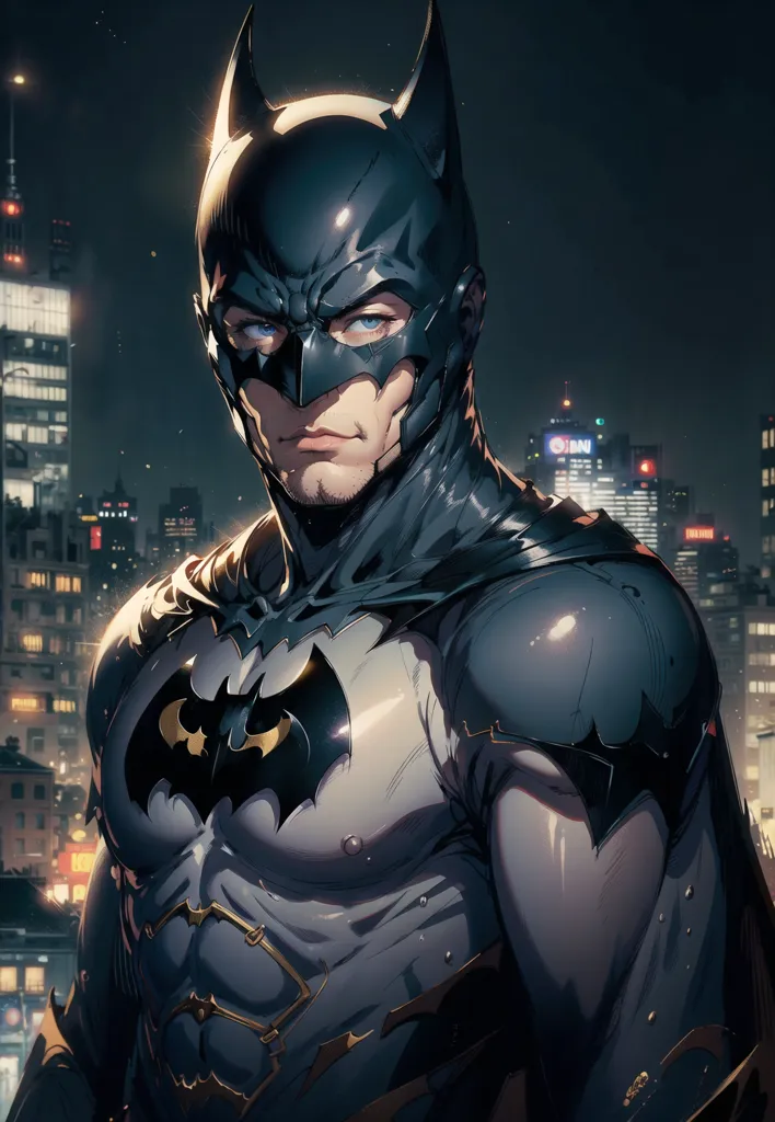 The image is a digital painting of Batman, a superhero from DC Comics. He is standing on a rooftop in a dark city. He is wearing a black and gray batsuit with a yellow bat symbol on his chest. His cowl is pulled down low over his eyes, and he is looking out over the city. The background is a cityscape with tall buildings and a starry sky.