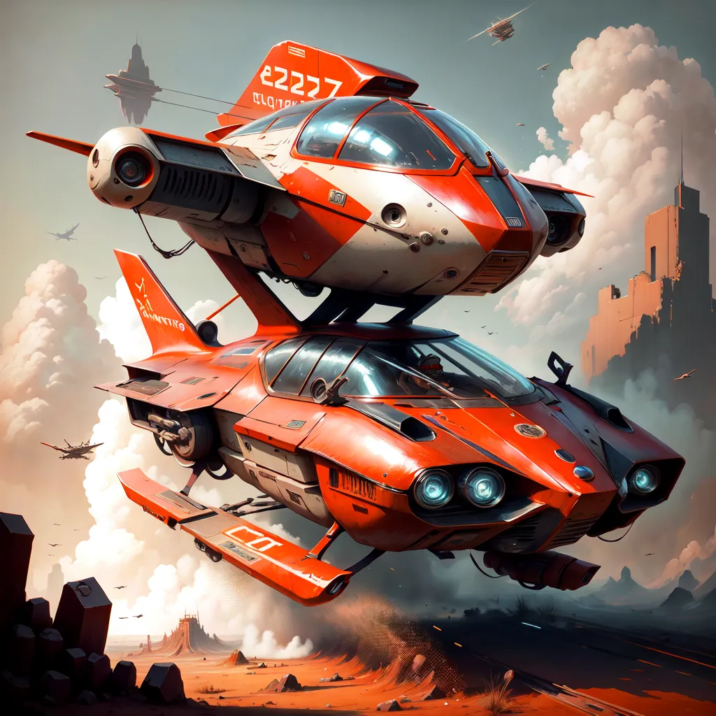 This is an illustration of a futuristic flying car. It is red and white. It is flying over a desert landscape. There are other similar vehicles flying in the sky. The vehicle has a large engine on the back and two smaller engines on the front. It has a cockpit for the driver and a passenger seat. The vehicle is also equipped with a weapon on the front.