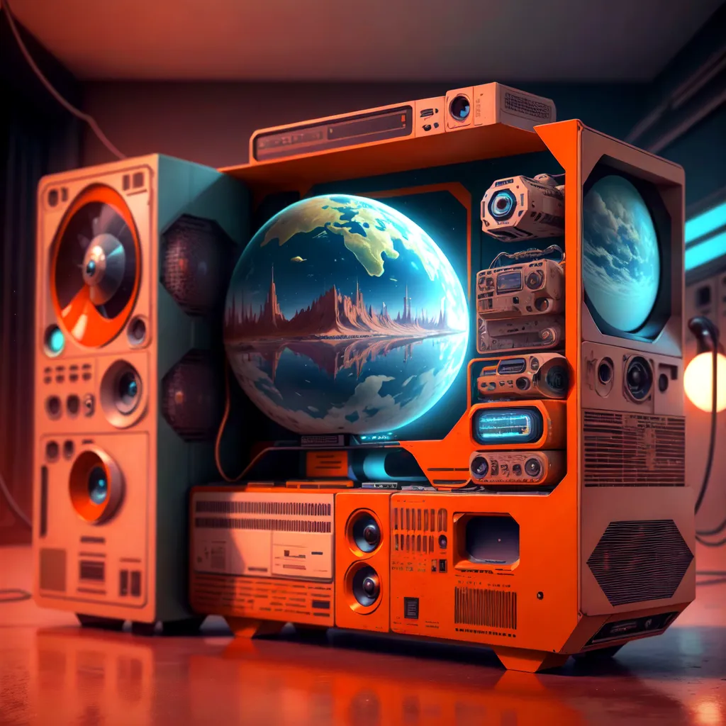 This is an image of a retro television set. It has a large globe in the middle of the screen, showing a reflection of a city. There are a lot of buttons and knobs on the television. The television is sitting on a table or counter. There is a speaker next to it. The television is orange and white.