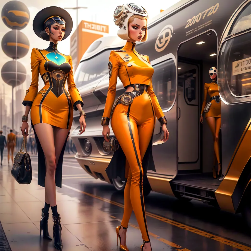 The image shows two women dressed in futuristic clothing walking on a city street. The women are both wearing orange and black, and they have on high heels. They are also both carrying purses. The background of the image is a blurred city street with a futuristic train station with a yellow and black train.