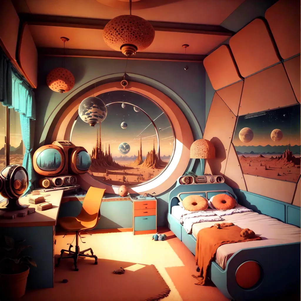 The image is a retro-futuristic bedroom. The room has a large window that looks out onto a desert landscape. There is a bed, a desk, and a dresser in the room. The bed has a blue frame and a pink comforter. The desk has a computer on it. The dresser has a lamp on it. The room is decorated in a retro-futuristic style.