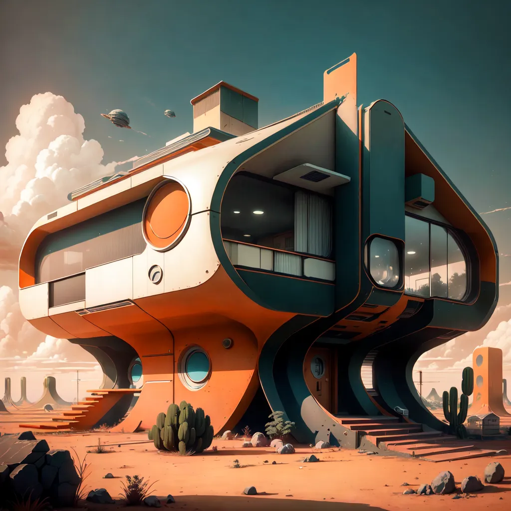 The image shows a futuristic house in the desert. The house is orange and white. It has a large window and a door. There are two small trees in front of the house. There are also some rocks and cacti in the desert. The sky is blue and there are some clouds in the sky. There are two spaceships above the house.